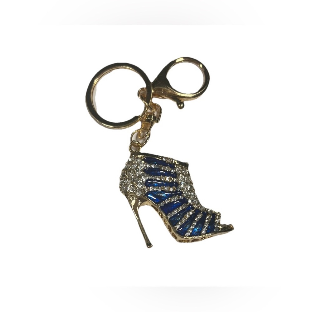 NIB Stiletto High Heel Keychain Crystal Purse Charm Blue & Gold
